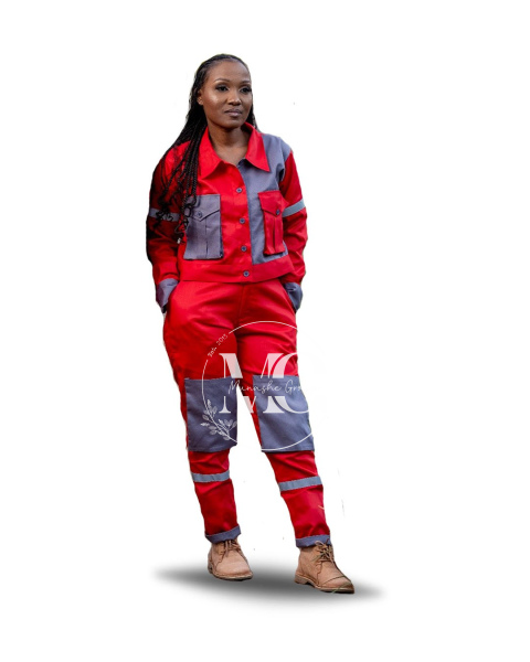 PrettyTough Ladies PPE Set (2 in 1) in Red (Front Pocket Pants) 